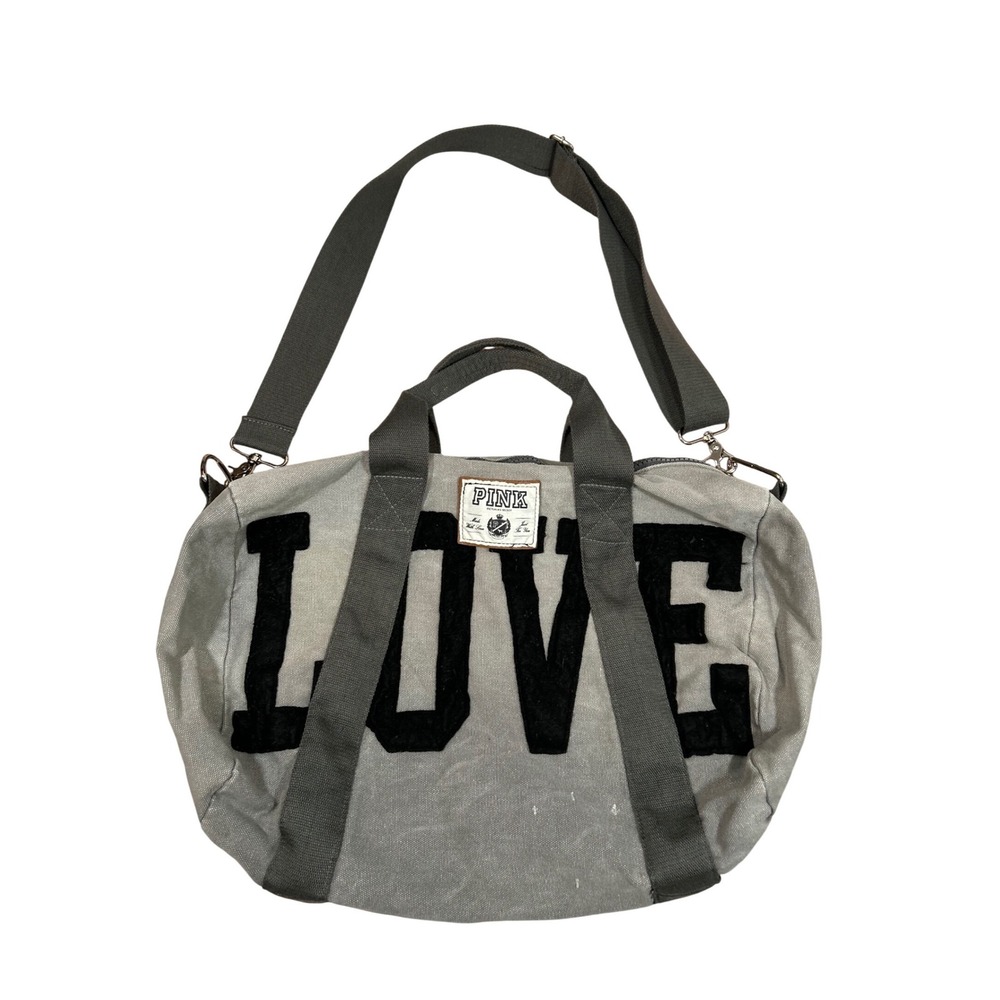Y2K PINK Victoria's Secret Grey Canvas Duffle Bag LOVE Pink Logo Carry On Travel